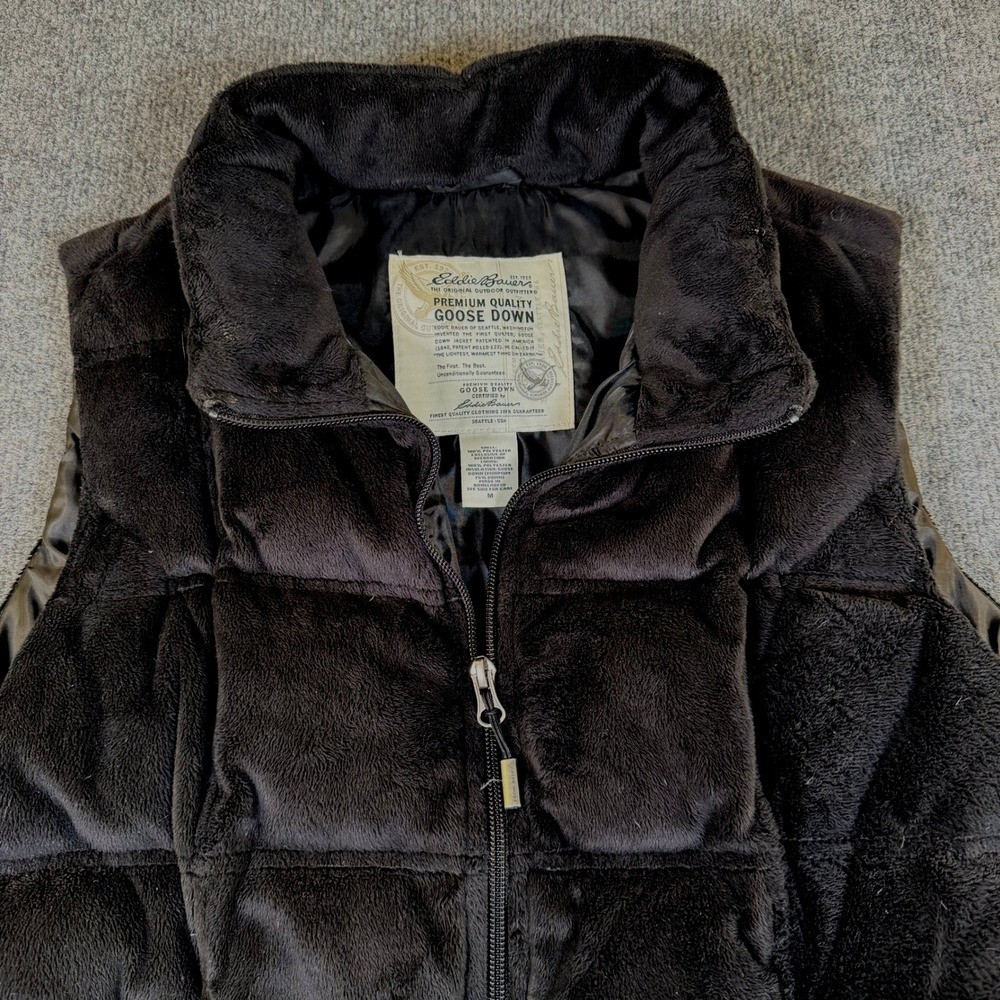 Eddie Bauer Womens Black Fleece Goose Down Puffer Vest Size M Full Zip‎ Quilted